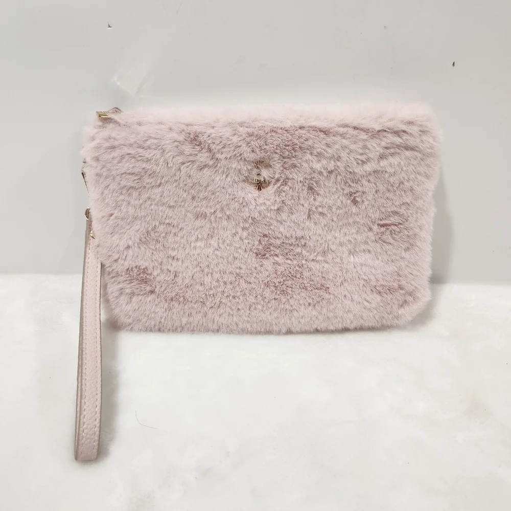 Nanette Lepore Blush Pink Gold Faux Fur Clutch Wallet Wristlet Purse